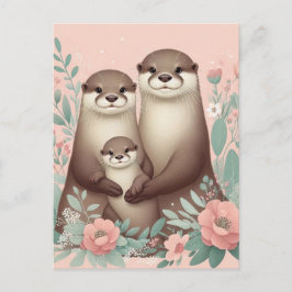 Cartão Postal Adorável Otter Boho Rosa Rosa Rosa Pai e Bebê