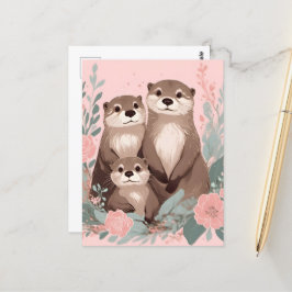 Cartão Postal Adorável Otter Boho Rosa Rosa Rosa Pai e Bebê