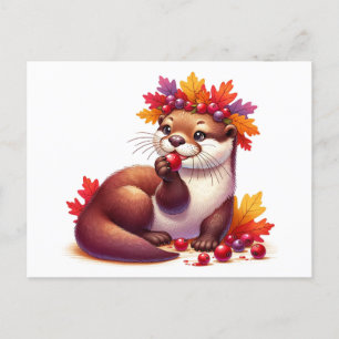 Cartão Postal Adorável Otter de Ação de Graças com Airelas