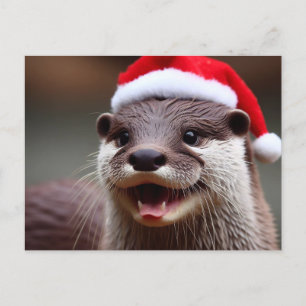 Cartão Postal Adorável Otter Santa Hat