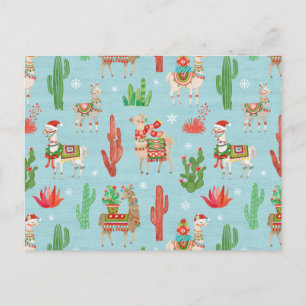 Cartão Postal Adorável Padrão de Teal Llamas de Natal
