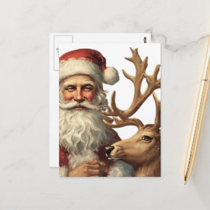 Cartão Postal Adorável Papai Noel e Rena Vintage