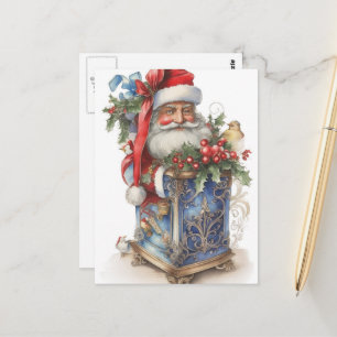 Cartão Postal Adorável Papai Noel Vintage e Caixa Azul