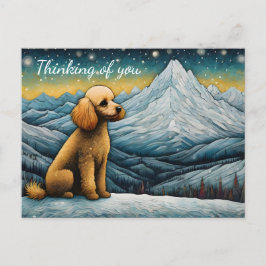 Cartão Postal Adorável Poodle Snowy Mountain Pensando Em Você