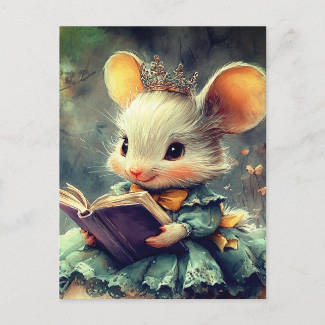 Cartão Postal Adorável Princesa Rato Lendo um Livro (Frente)