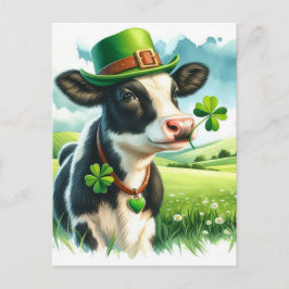 Cartão Postal Adorável Vaca em Aquarela do Dia de São Patrício S