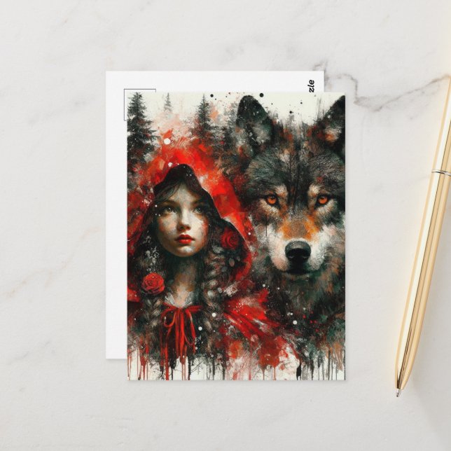Cartão Postal Adorável Vermelho e Lobo (Frente/Verso In Situ)