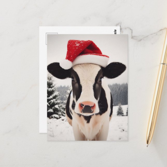 Cartão Postal Adorável Vitelo Leiteiro de Natal (Frente/Verso In Situ)