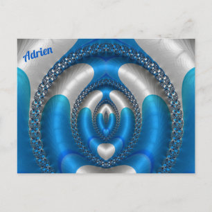 Cartão Postal ADRIEN Brilhante! ~ Azul Branco Design Fractal 3D 