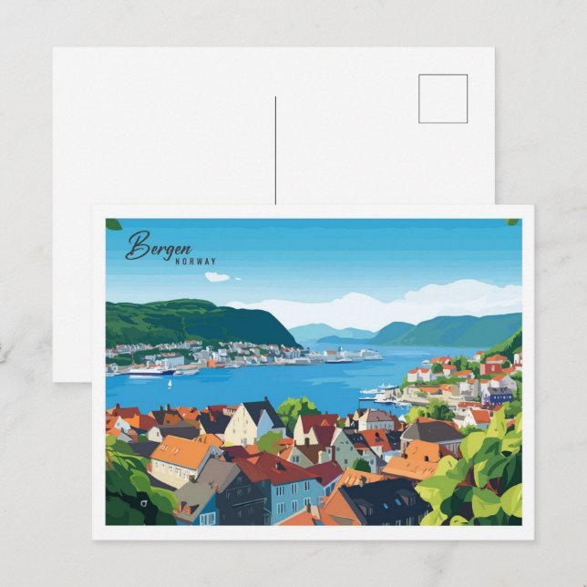 Cartão Postal Aerial View Bergen Norway Illustration Viagem (Frente/Verso)
