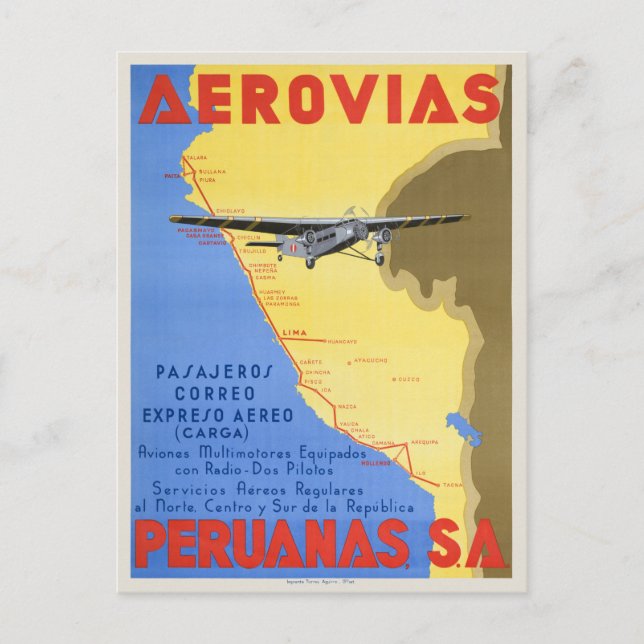 Cartão Postal Aerovias Peruanas Poster vintage Peru 1936 (Frente)