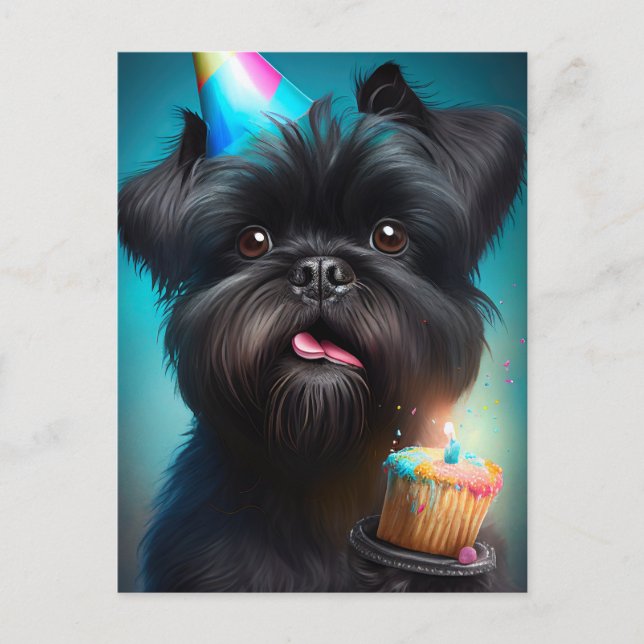 Cartão Postal Affenpinscher comemorando Bolo de Aniversário com  (Frente)