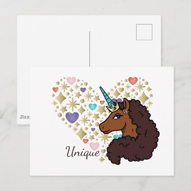 Cartão Postal Afro Unicorn | Design de Coração Único (Frente/Verso)
