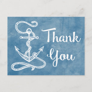Cartão Postal Agradecimento Âncora de Navio Náutico Azul Aquarel