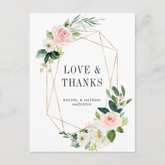 Cartão Postal Agradecimento de Casamento Blush White Bloom Gold  (Frente)