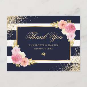 Cartão Postal Agradecimento de Casamento Floral Azul Naval Doura