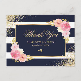 Cartão Postal Agradecimento de Casamento Floral Azul Naval Doura