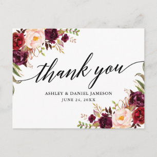 Cartão Postal Agradecimento de Casamento Floral Borgonha Caligra