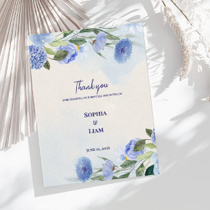 Cartão Postal Agradecimento de Casamento Floral em Aquarela Azul