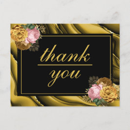 Cartão Postal Agradecimento de Casamento Floral Preto Dourado Mi