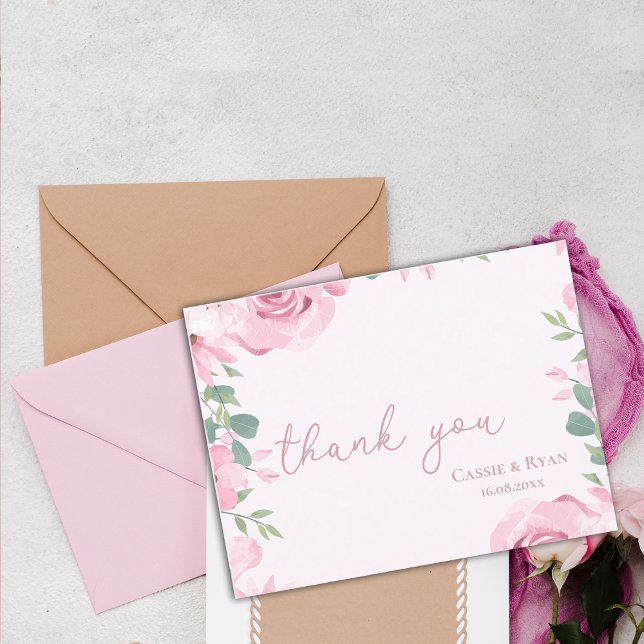 Cartão Postal Agradecimento de Casamento Floral Rosa Água-cor Bl (Watercolor Blush Pink Floral Wedding Thank you Postcard)