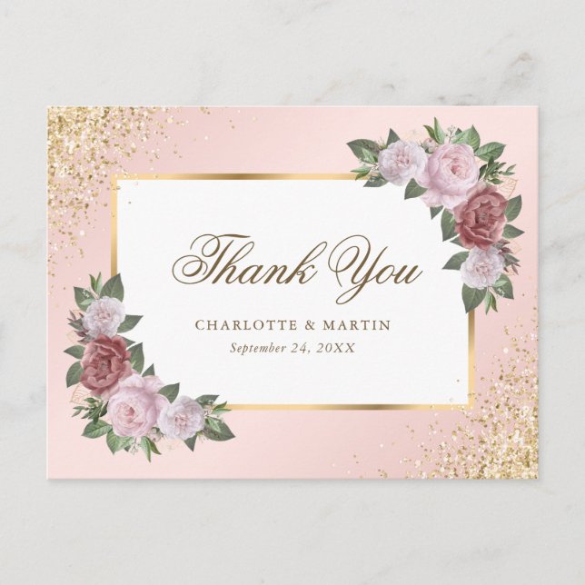 Cartão Postal Agradecimento de Casamento Floral Rosa Bege Dourad (Frente)