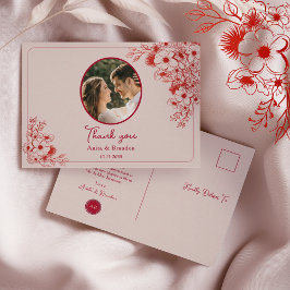 Cartão Postal Agradecimento de Casamento Floral Rosa Vermelho