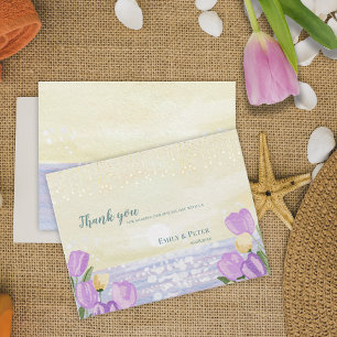 Cartão Postal Agradecimento de Casamento Floral Roxo na Praia