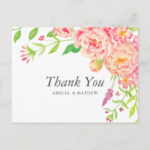 Cartão Postal Agradecimento de Casamento Peônia Rosa