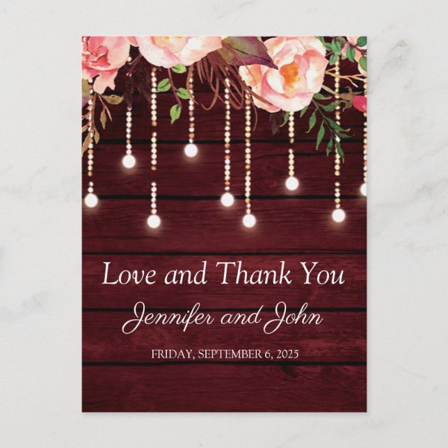 Cartão Postal Agradecimento de Casamento Rústico Floral em Madei (Frente)