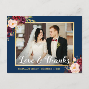 Cartão Postal Agradecimento de Foto de Casamento Azul Marinho Fl