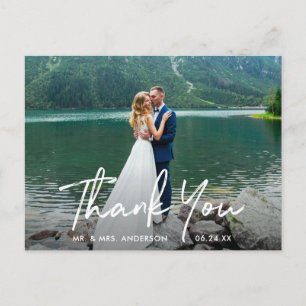 Cartão Postal Agradecimento de Foto de Casamento com Letra Manus