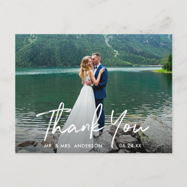 Cartão Postal Agradecimento de Foto de Casamento com Letra Manus (Frente)