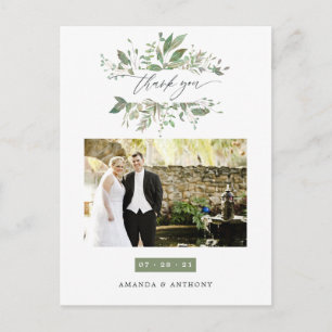 Cartão Postal Agradecimento de Foto de Casamento com Vegetação e