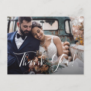 Cartão Postal Agradecimento de Foto de Casamento em Azul Floral 