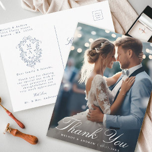 Cartão Postal Agradecimento de Foto de Casamento Floral Azul Fra