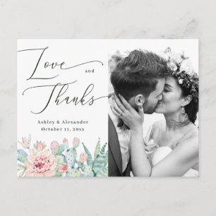 Cartão Postal Agradecimento de Foto de Casamento Floral de Cacto