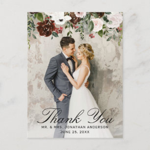 Cartão Postal Agradecimento de Foto de Casamento Floral Rústico 