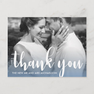 Cartão Postal Agradecimento de Foto de Casamento Moderno em Azul