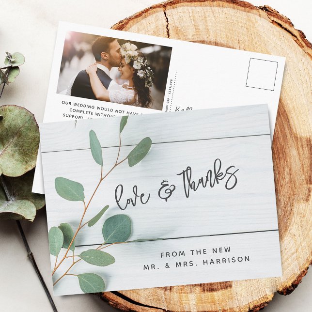 Cartão Postal Agradecimento de Foto de Casamento Rústico de Euca (Rustic Eucalyptus Wedding Photo Thank You Postcard)
