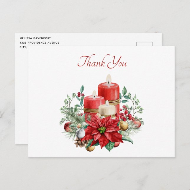 Cartão Postal Agradecimento de Natal com Velas e Buquê Floral (Frente/Verso)