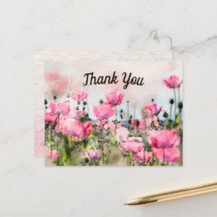 Cartão Postal Agradecimento Floral de Aquarela Rosa