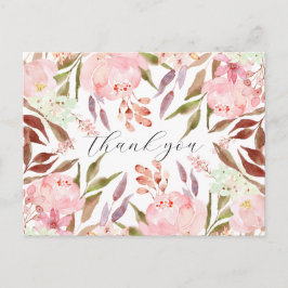 Cartão Postal Agradecimento Floral de Peônia Rosa em Aquarela