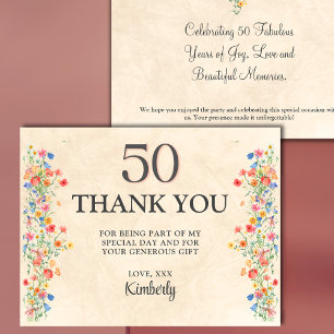 Cartão Postal Agradecimento Floral Elegante de 50º Aniversário