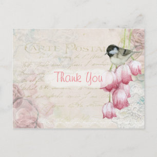Cartão Postal Agradecimento Francês Rosa Vintage