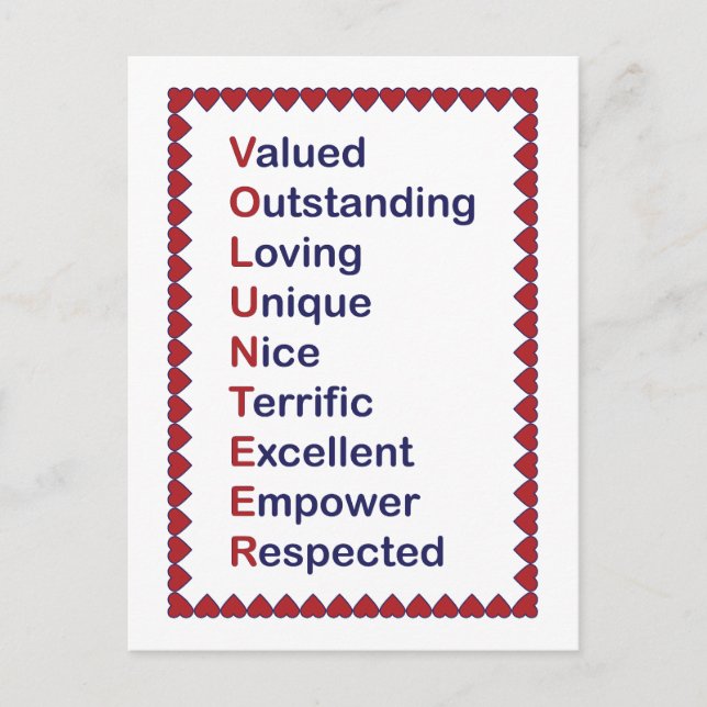 Cartão Postal Agradecimento Voluntário Corações Vermelhos Branco (Frente)