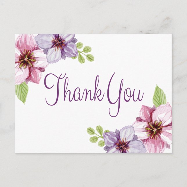 Cartão Postal Agradeço Aquarela Floral Flor Roxa (Frente)