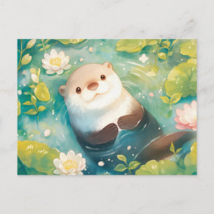 Cartão Postal Água Doce Aquarela Lontra Lagoa Lírio