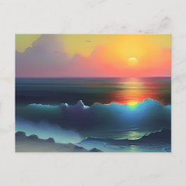 Cartão Postal Água Oceânica Azul Etérea e Pôr do Sol Rosa
