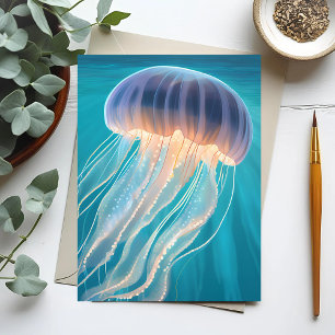 Cartão Postal Água-viva Azul Pintura de Animal Marinho